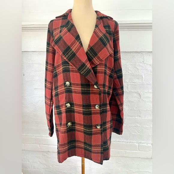 POL Jackets & Blazers - POL Red and Black Plaid Oversize Blazer Lightweight Double Breasted Long Jacket